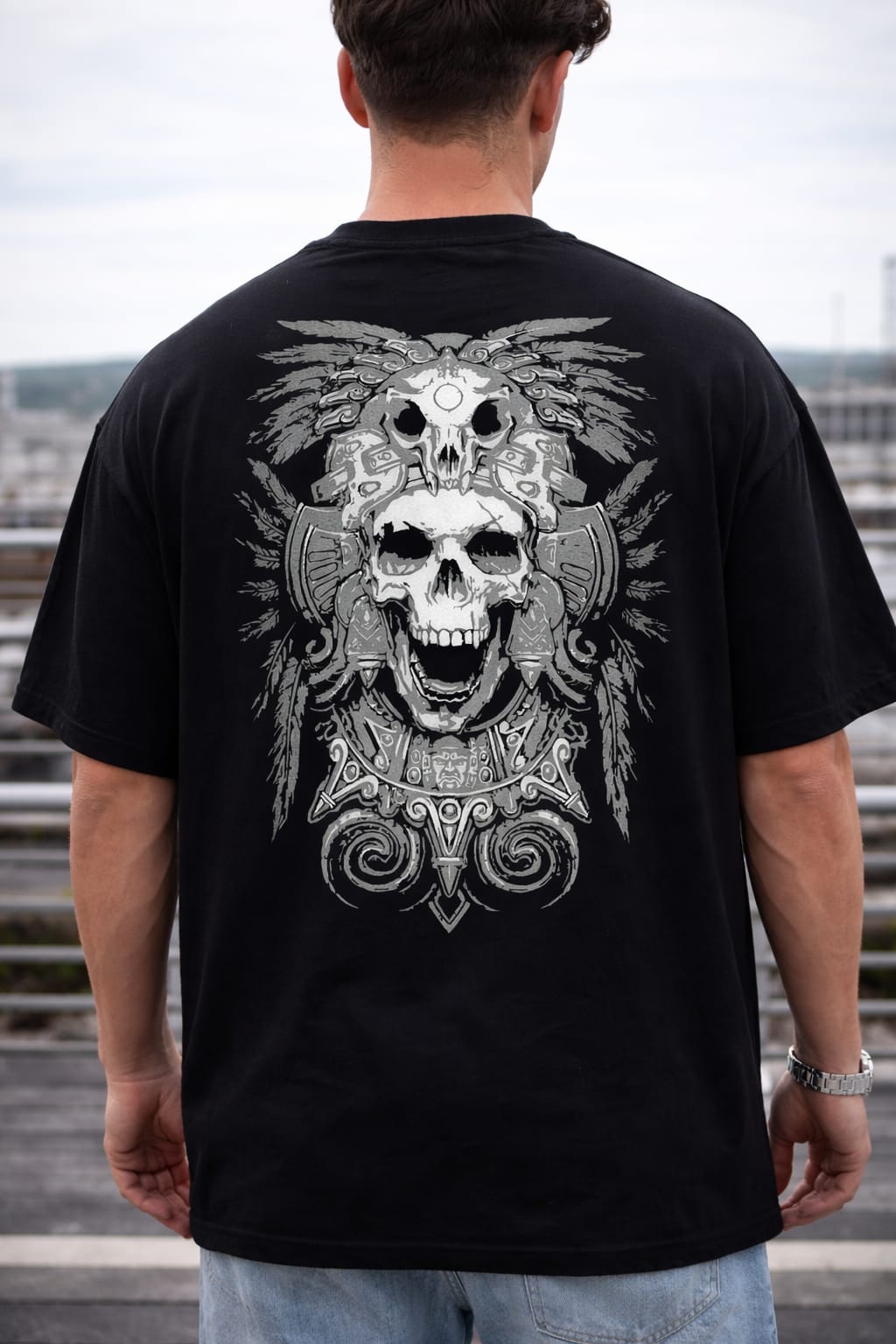 Tribal Skull Graphic T-Shirt - Black